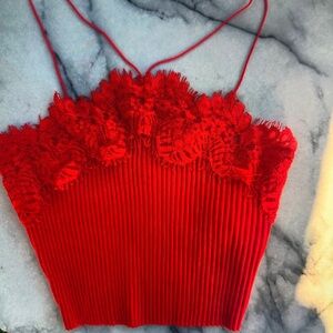Elegant Red Lace Trimmed Women's Top